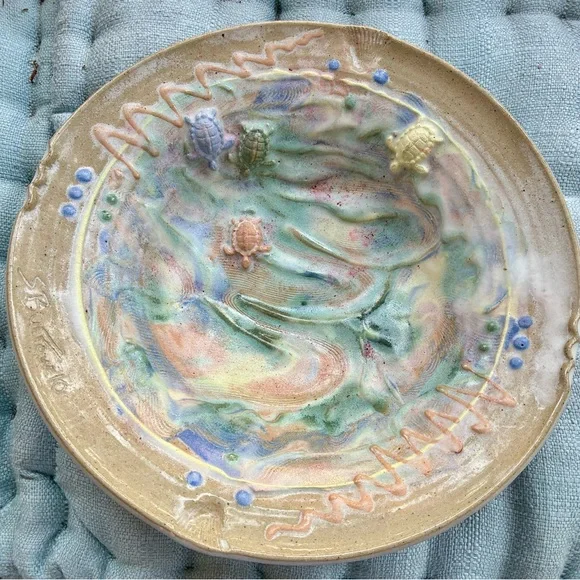 Large Studio Pottery Bowl Handmade Sweet 🐢 Colorful Ceramic Turtle Art Plate